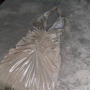 Zara Gold Elegant Halter Metallic Sleeveless Evening Gown, maxi dress